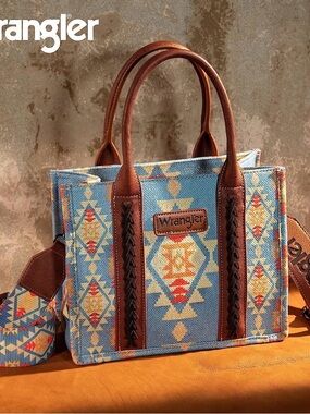 Wrangler Blue Aztec Canvas Tote with Brown Trim Southwestern Crossbody